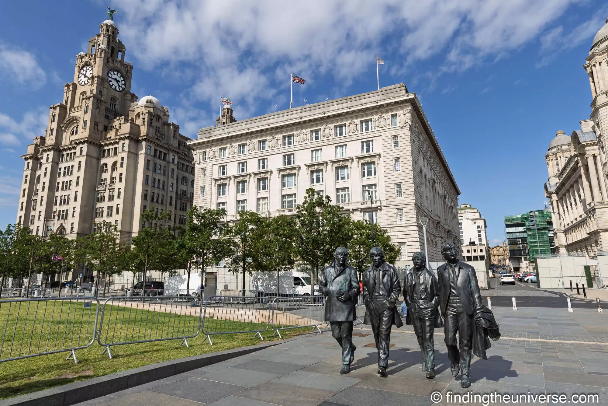 The Beatles statue at Pier Head with the Royal Liver Building and Cunard Building behind, Liverpool