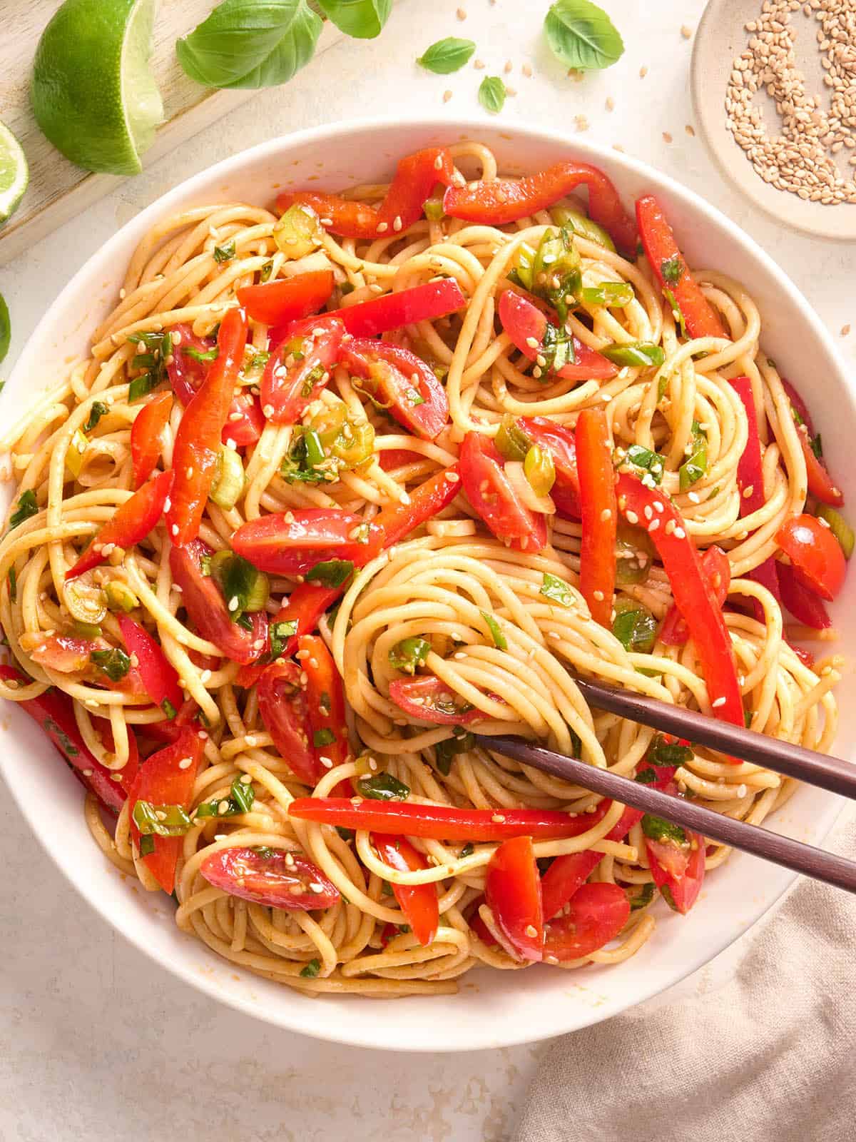 Overhead view of a bowl of cold sesame noodles.