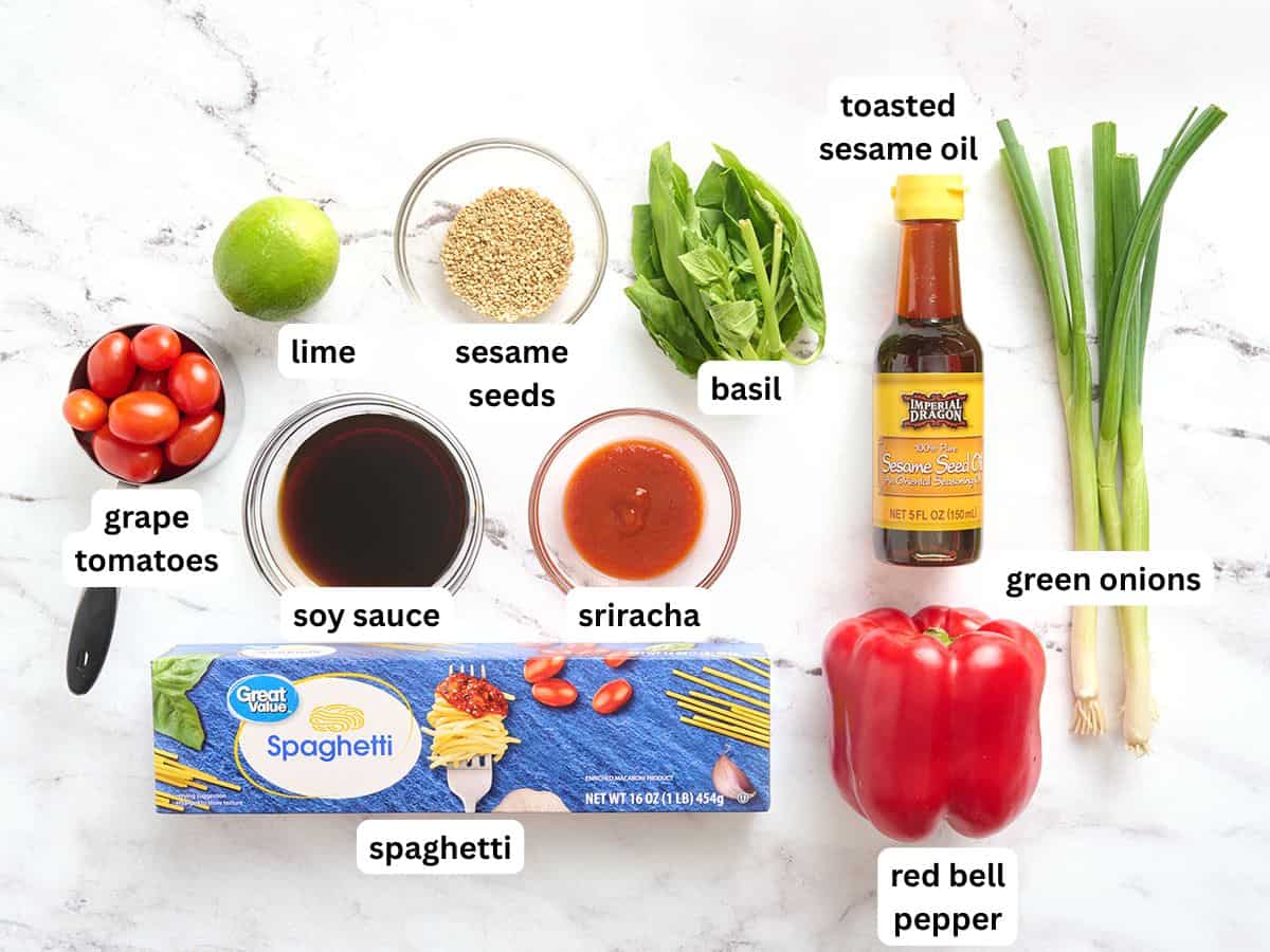 The ingredients to make cold sesame noodle salad with labels.