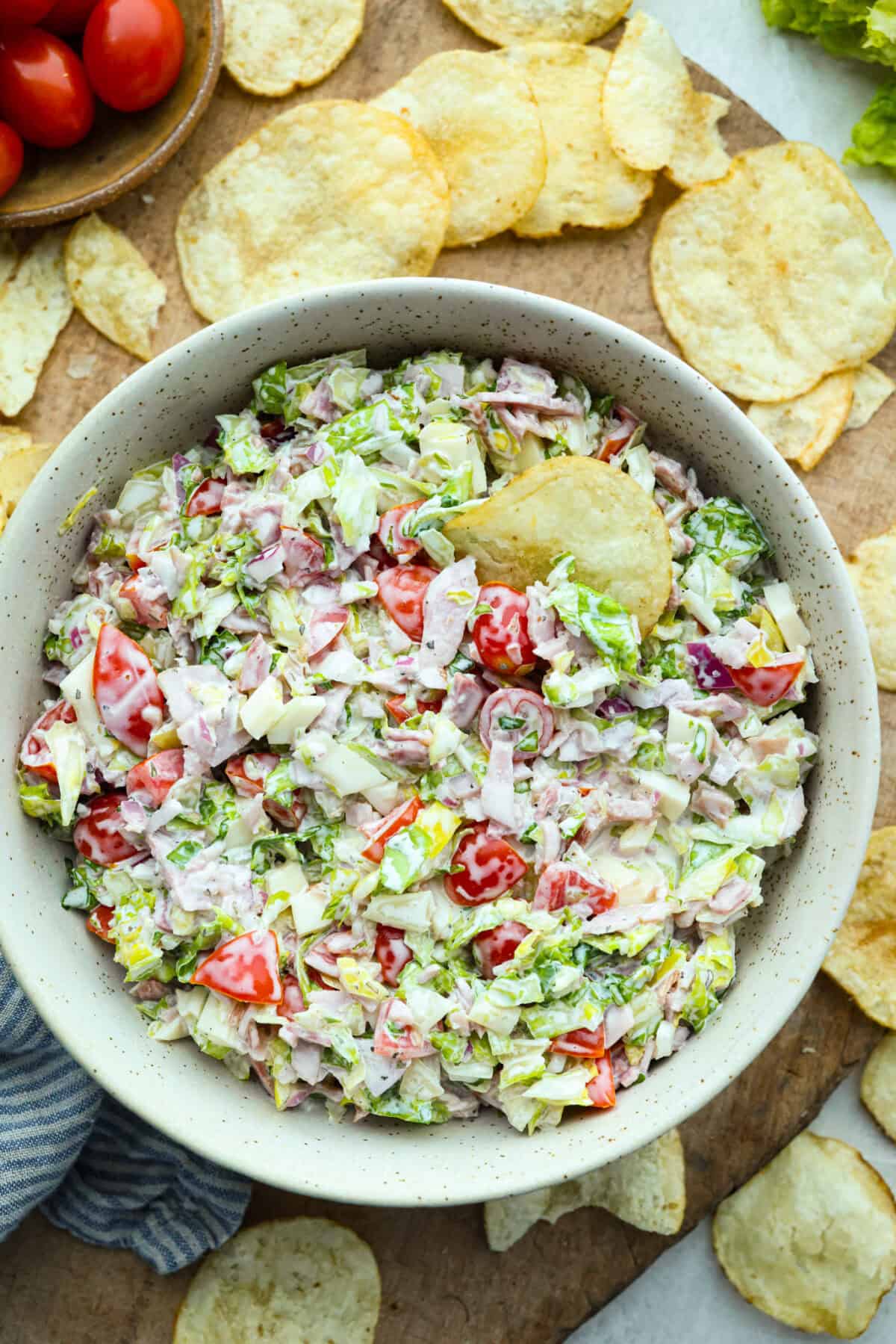Bowl of sub in a tub dip, surrounded by potato chips.