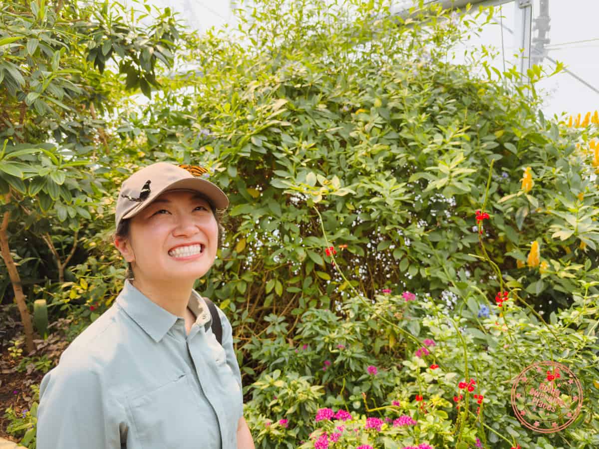 Woman smiling in butterfly garden at The Leaf with butterfly on her hat