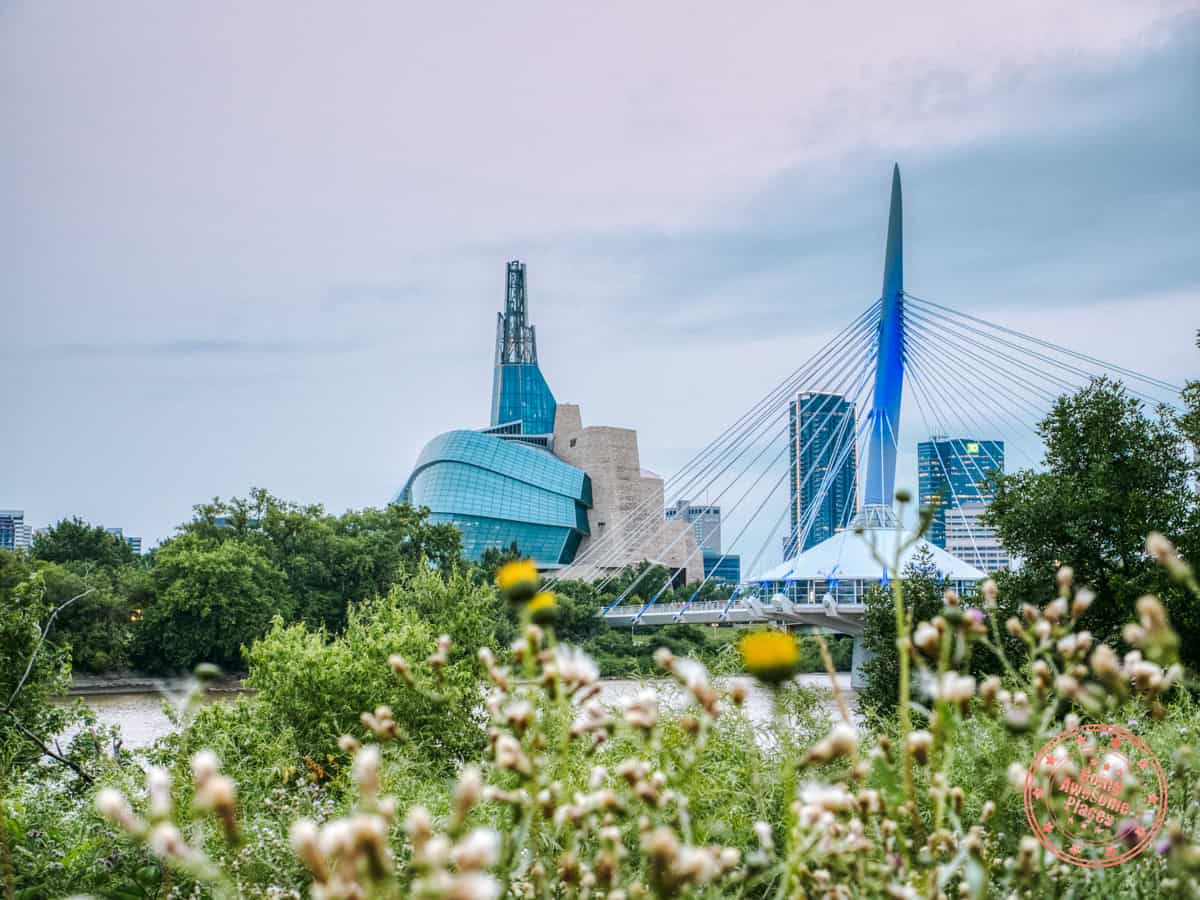 red river sunset with cmhr and esplanade riel bridge