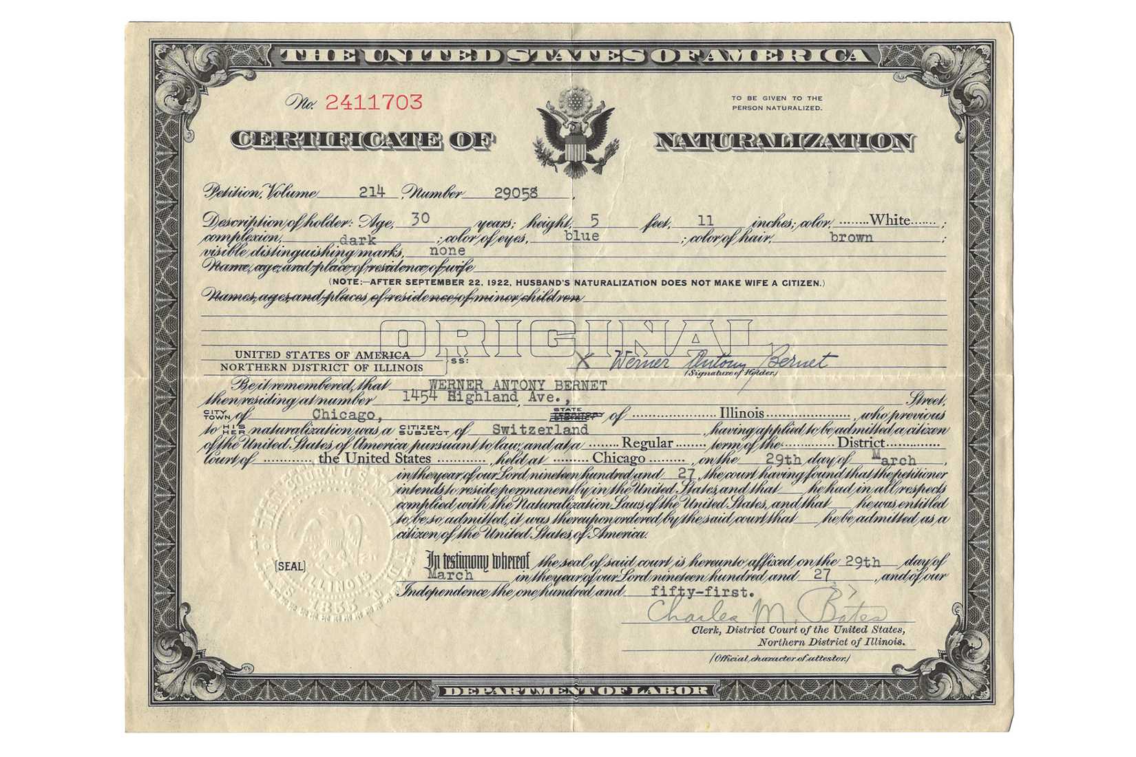 WAB - Werner Bernet Naturalization Cert 1927
